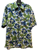 Nautica men Medium M Linen Rayon blend green blue tropical Hawaiian button shirt - £13.19 GBP