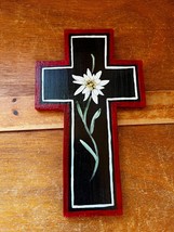 Handpainted Black &amp; White WOOD CROSS w White Swedish Flower Religious Wa... - £8.87 GBP