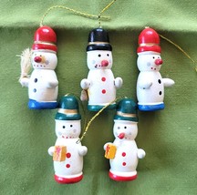 5 Wooden Snowmen Christmas Tree Ornaments Hand Painted Vintage 2 1/8 &quot; Tall - $9.89