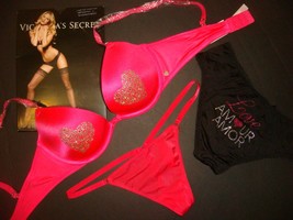 Victoria&#39;s Secret 34B,34C Bra Set S Panty Heart Pink Black Valentine Fashionshow - £110.52 GBP