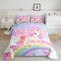 Unicorn Girls Bedding Set Twin Kawaii Cute Rainbow Unicorn Comforter Set Cartoon - £71.17 GBP