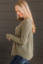 Jungle Green V Neck Buttoned Ribbed Knit Top - $11.40