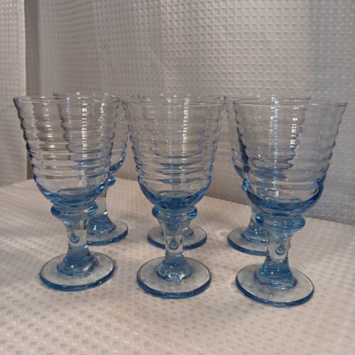 Primary image for Libbey Sirrus Ice Blue Ribbed Water Wine Goblet Drinking Glass 7" Set of 6 EUC