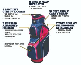 Majek Ladies Navy Blue Pink Golf Bag 9 inch 14-way Friendly Separator Top - £109.90 GBP