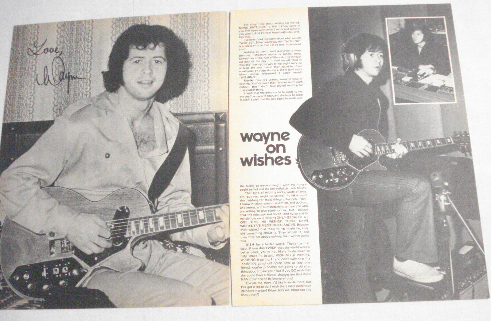 Primary image for 1973 Wayne Osmond Two Page Magazine Article Osmonds Wayne on Wishes