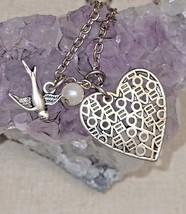 Vintage  SM Silver Tone Love Heart Swallow Bird Faux Pearl Charm Necklac... - $9.74