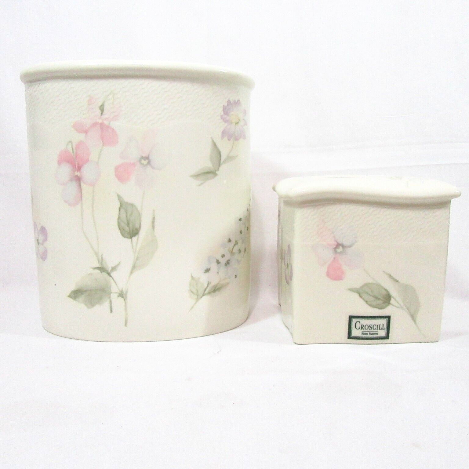 CROSCILL Forget Me Not Floral Porcelain 2-PC Waste Basket and Tissue Box Cover - $96.00
