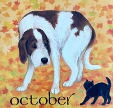 Dog Black Cat October Fall Dog Days Poster Calendar 14 x 11&quot; Art Leigh D... - £23.59 GBP