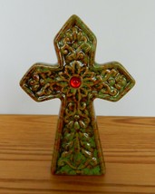 Lovely vintage mottled green ceramic Celtic cross with red cabochon ston... - $18.00