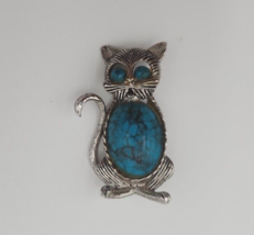 Gerry&#39;s Faux MarbledTurquoise Silver Tone Cat Brooch - 2&quot; Long - £11.59 GBP