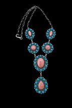 Navajo Sterling Sleeping Beauty Turquoise Pink Conch Shell Cluster Bib Necklace - £673.58 GBP