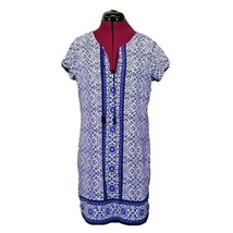 Lands&#39; End Shift Dress Blue White Women Size Small Tassel Tie Short Sleeve - £23.64 GBP