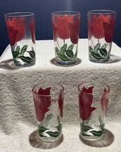 5 Vtg 1950&#39;s Boscul Peanut Butter Jar 5&quot; Water Glasses Red Tulips Large Letters - £31.07 GBP