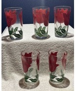 5 Vtg 1950&#39;s Boscul Peanut Butter Jar 5&quot; Water Glasses Red Tulips Large ... - $39.60
