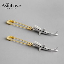 AsinLove Fashion Unique Gold Pin Drop Earrings Real 925 Sterling Silver Shark Ea - £39.53 GBP