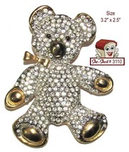 Large Teddy Bear Pin Rhinestone Goldtone Brooch 3.2&quot; Scarf  Pin - $19.95