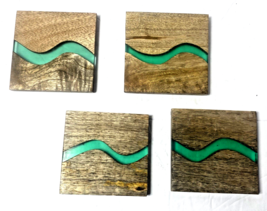 Set of 4 Hand Crafted Wood  Green Resin Wave Coasters Felt Pads - 4 inch Square - £18.82 GBP