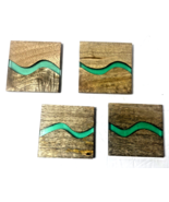 Set of 4 Hand Crafted Wood  Green Resin Wave Coasters Felt Pads - 4 inch... - £18.94 GBP