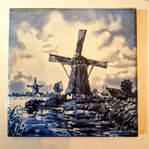 Royal Mosa Cobalt Blue Delft Tile Cork Back Trivet Dutch Windmill Farm H... - $18.72