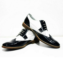 Handmade Men&#39;s Leather Oxfords Two Tone White Black Magnificent  Plain S... - £171.81 GBP