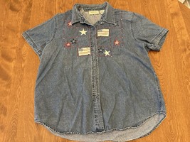 Lemon Grass Shirt Women’s XL Denim Embellished Embroidered American Flag... - $15.33