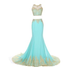 Kivary 2 Pieces Mermaid Gold Lace Sheer Crew Neck Formal Long Prom Evening Dress - £114.19 GBP