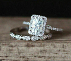 Vintage Wedding Ring Set 2.40Ct Radiant Cut Diamond 14k White Gold Finish Size 6 - £123.98 GBP
