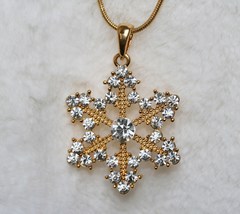 Gold SNOWFLAKE Necklace Swarovski Crystal Snowflake Pendant  Xmas Winter Holiday - $24.97