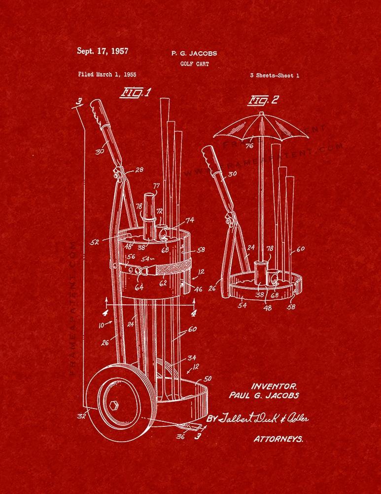 Golf Cart Patent Print - Burgundy Red