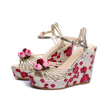 Wedge sandals with flower printing ankle buckle gold women shoes high heel 11cm leather thumb200