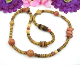 All Natural Wood Beads Necklace Vintage Wooden Beaded Cream Brown Rusty Red 32&quot; - £12.17 GBP