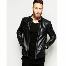 New Mens Black Leather Jacket Slim Fit Leather Jacket Casual Coat - £47.46 GBP+