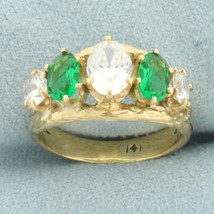 Synthetic Diamond and Emerald 5-Stone Ring in 14k Yellow Gold - £323.73 GBP