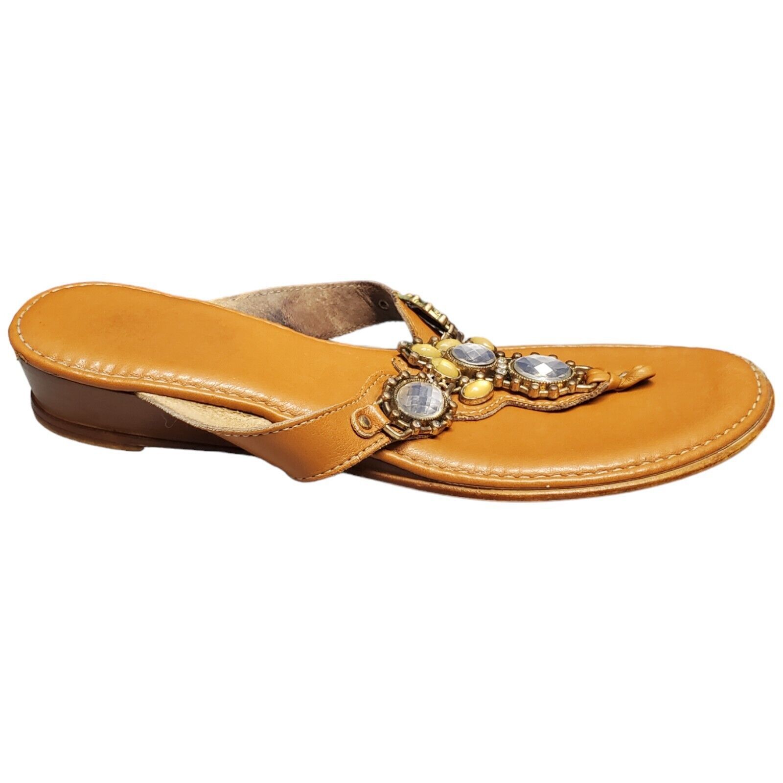 Womens Crystal Beaded Thong Wedge Sandals Size 6.5 Tan Leather Comfort S... - $18.49