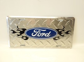 Oem Ford Ford Logo Black Flames Diamond Aluminum Metal Car License Plate... - $8.75