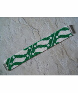 Bracelet, Green &amp; White &quot;Batik Geometric&quot; Motif, Peyote Stitch, Tube Clasp - $39.00