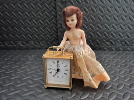 Vintage Small Doll in Peach Orange Dress &amp; Red Hair with Plastic Gold Clock - £27.68 GBP