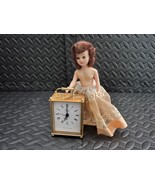 Vintage Small Doll in Peach Orange Dress &amp; Red Hair with Plastic Gold Clock - £27.35 GBP