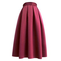 Wine Red Midi Party Skirt Women A-line Plus Size Polyester Pleated Midi Skirt