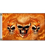 DELUXE FLAMING FIRE TRIPLE SKULL FLAG wall banner #535 BIKER 3x5 sign fl... - $14.90 CAD