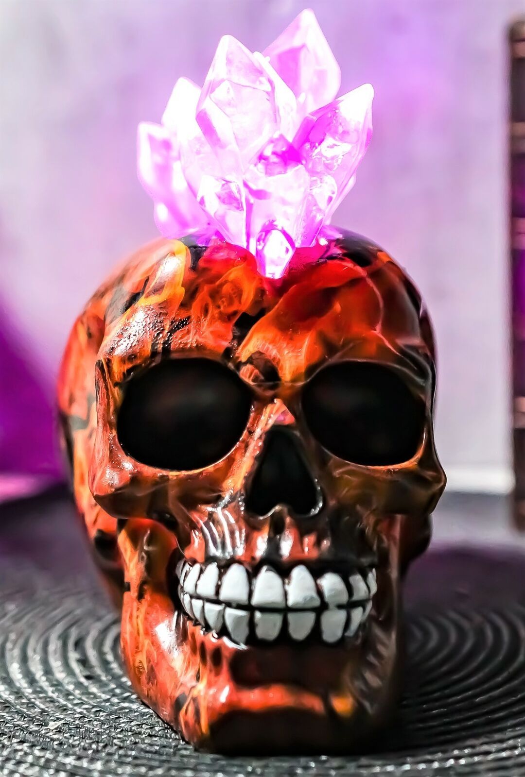Ebros Colorful LED Light Mohawk Crystal Hair Inferno Red Devil Skull Figurine