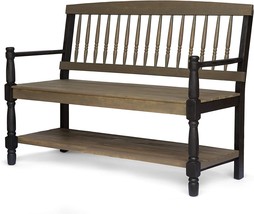 Outdoor Acacia Wood Bench With Shelf, Gray And Black Finish, Christopher Knight - £182.15 GBP