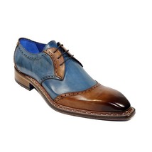 Blue Brown Two Tone Vintage Leather Rounded Burnished Derby Toe Handmade  - £107.68 GBP