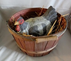 Ceramic Grey Hen Nesting in Red Apple Basket 10&quot; T x 13&quot; L Chicken Straw Nest - £20.00 GBP