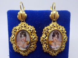 14k Gold Hand Painted Portrait Earrings with Genuine Natural Diamonds (#J3440) - $856.35
