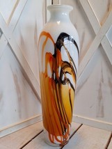VTG Hand Blown Art Glass Vase Swirl Pattern Contemporary 18” White/Orange/Brown - £77.31 GBP