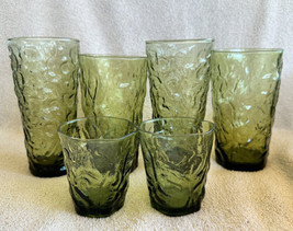 6 Vintage Anchor Hocking Green Lido Bumpy Crinkle Drinking Juice Tumbler Glasses - £31.06 GBP