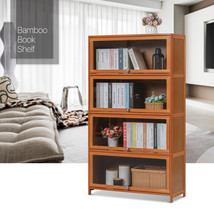 32&quot;Bamboo 4-Layer Flip-Up [Acrylic Doors] Bookshelf Toys Figures Display Cabinet - £147.07 GBP