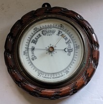Vtg Carved Wooden Aneroid Barometer Nice Dial Cracked Glass Forecast Instrument - £38.44 GBP