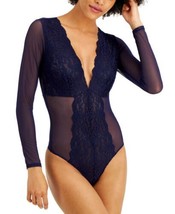 allbrand365 designer Womens Long Sleeve Lace Mesh Bodysuit,Vibrant Navy,... - $32.00